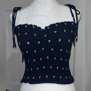 Zara smocked top with polka-dots and shoulder ties Navy and Yellow Size Large